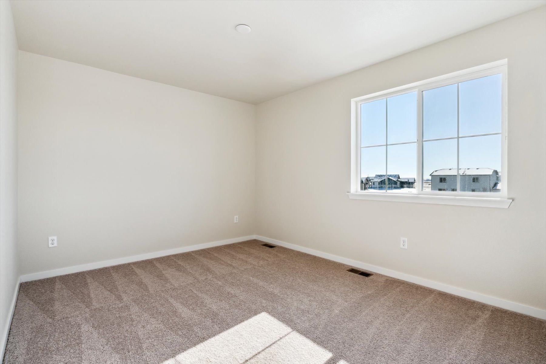 A room with a window and a rug.
