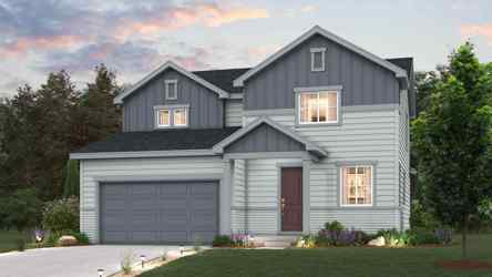 A grey house with a garage.