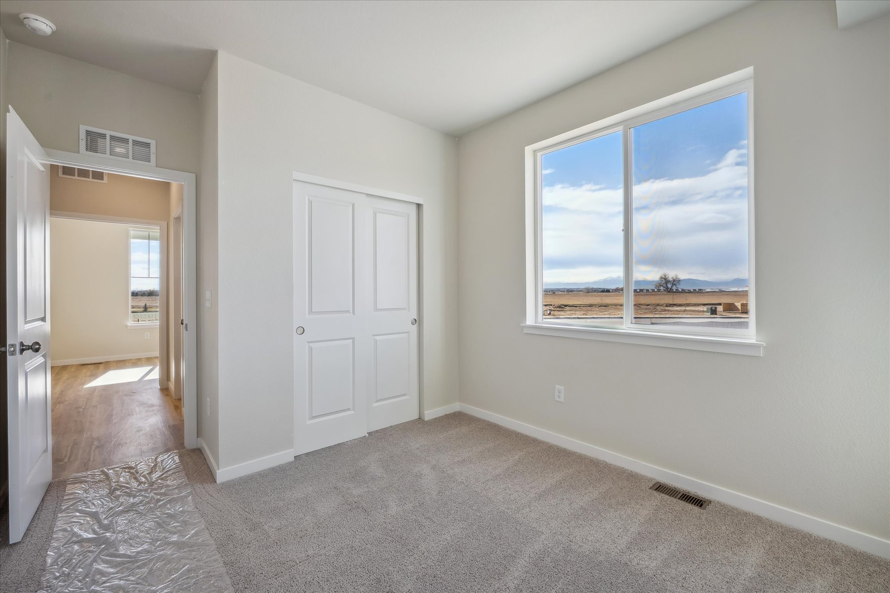 A room with a window and a rug.