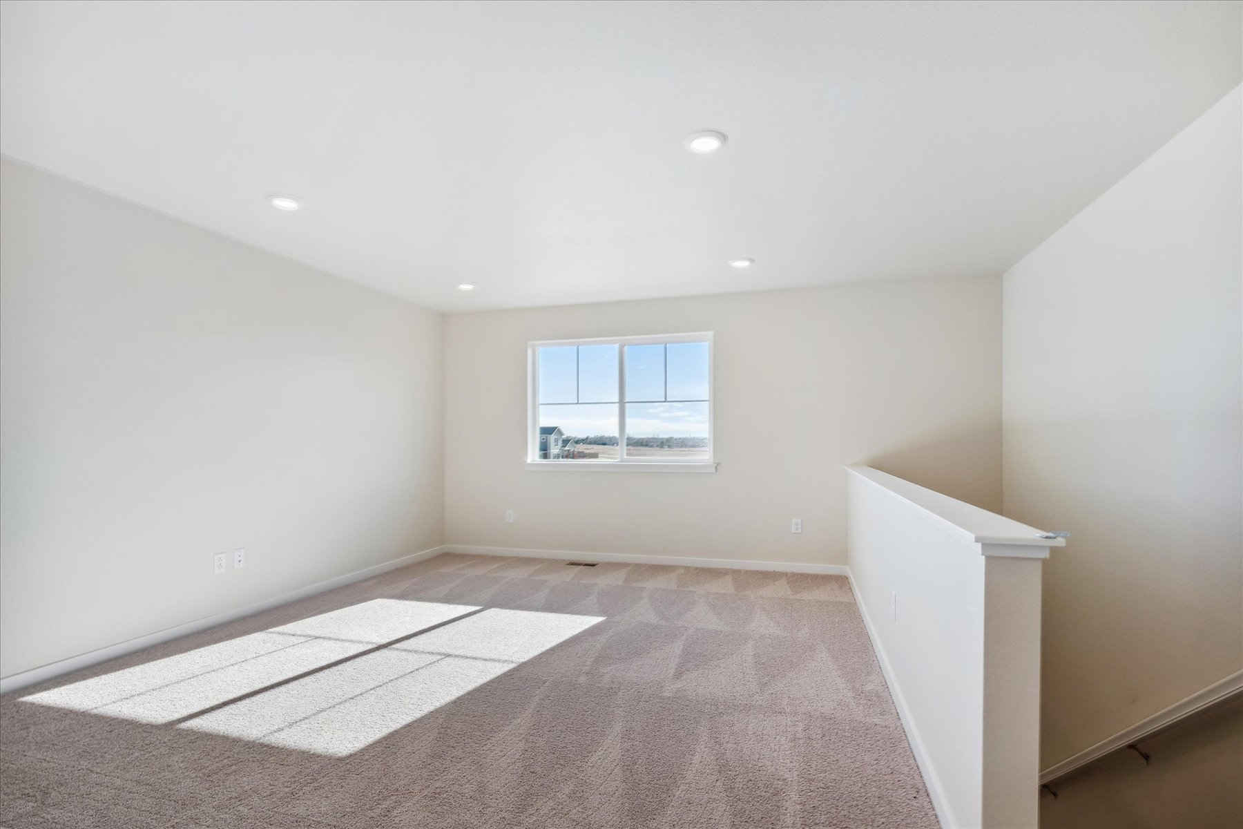A room with a rug and a window.