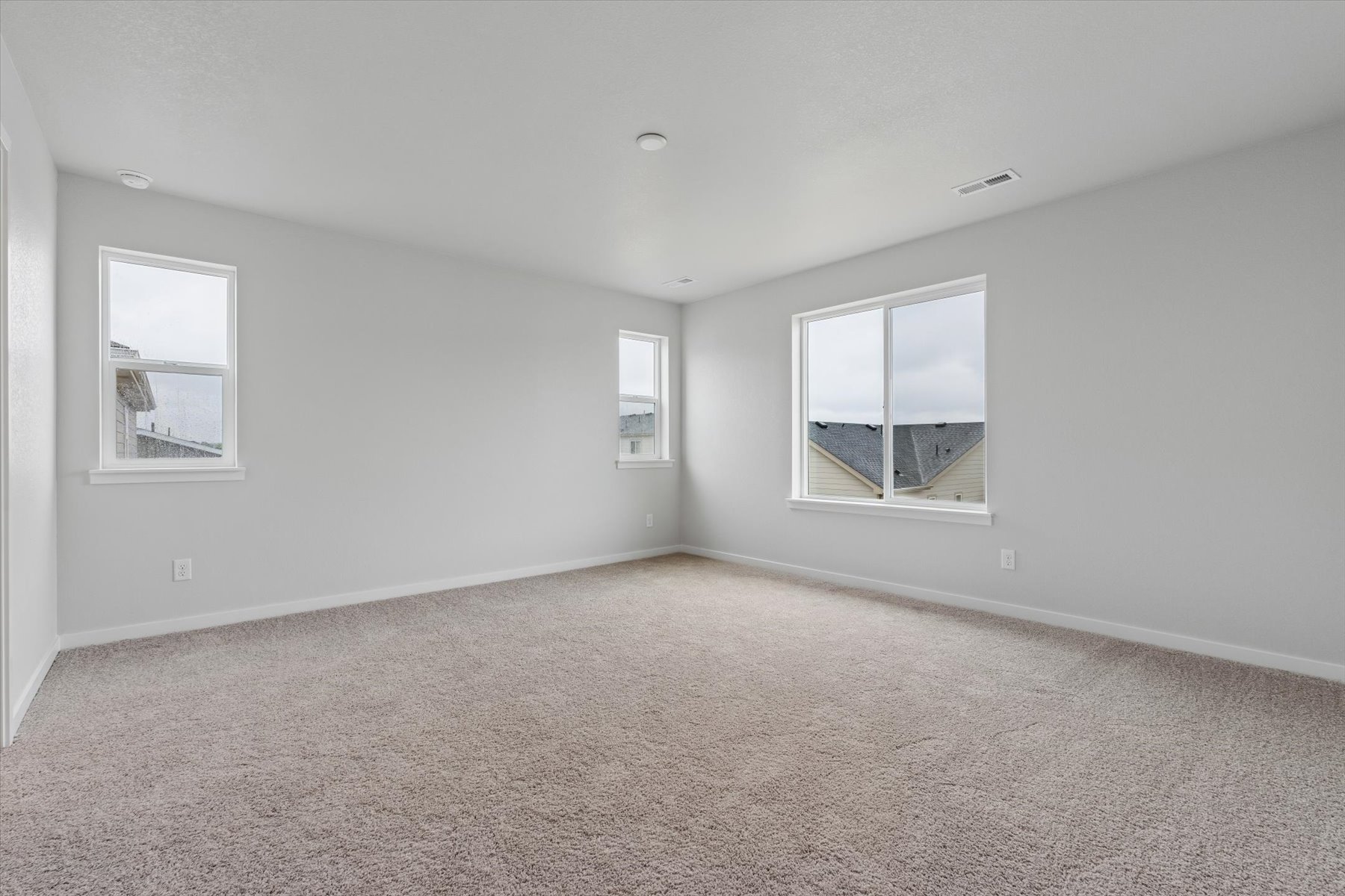 A room with a carpet and windows.