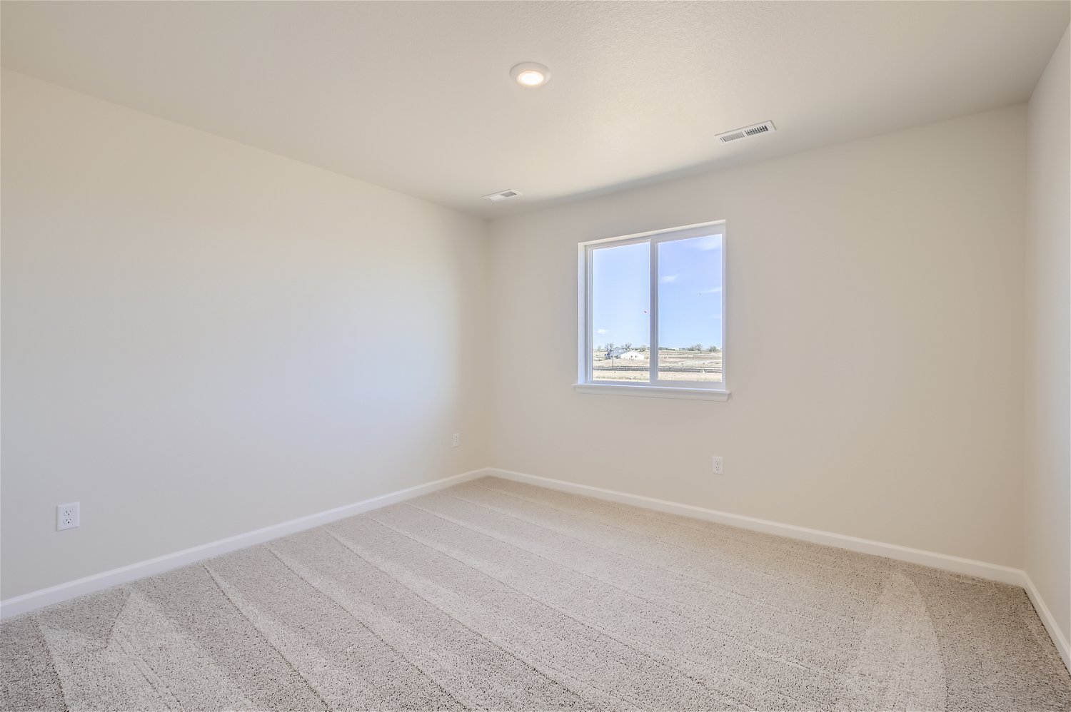 A room with a window and a rug.