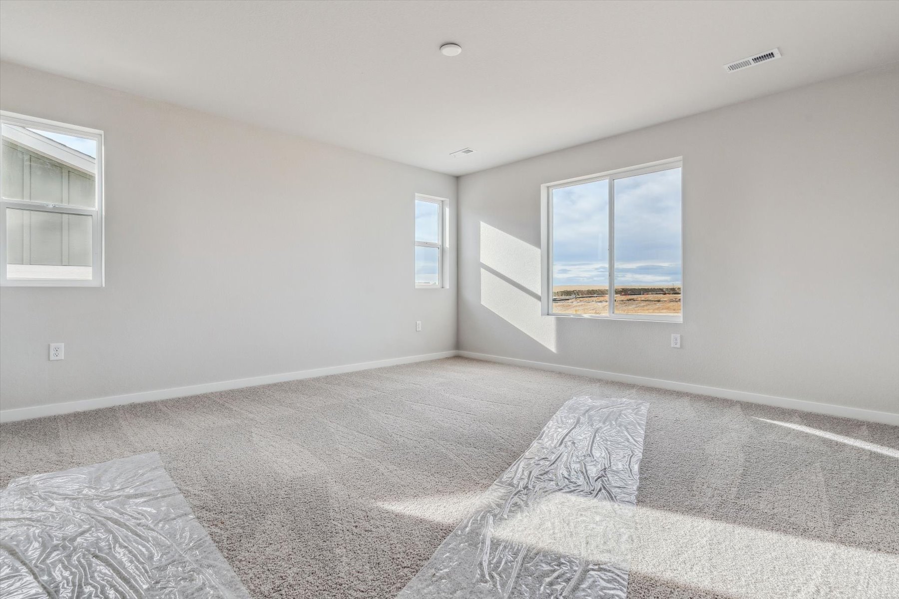 A room with a rug and a window.