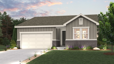 A house with a garage. Elevation A Cimarron Rendering of home with landscaping and drvieway