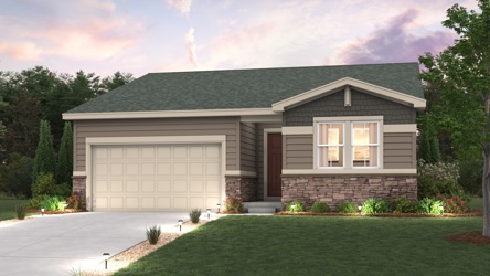 A house with a garage. Cimarron floorplan exterior rendering with landscaping and driveway 