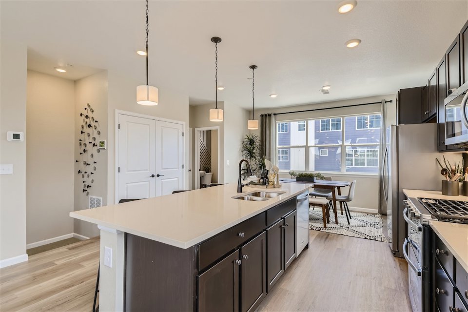 A kitchen with a large island.