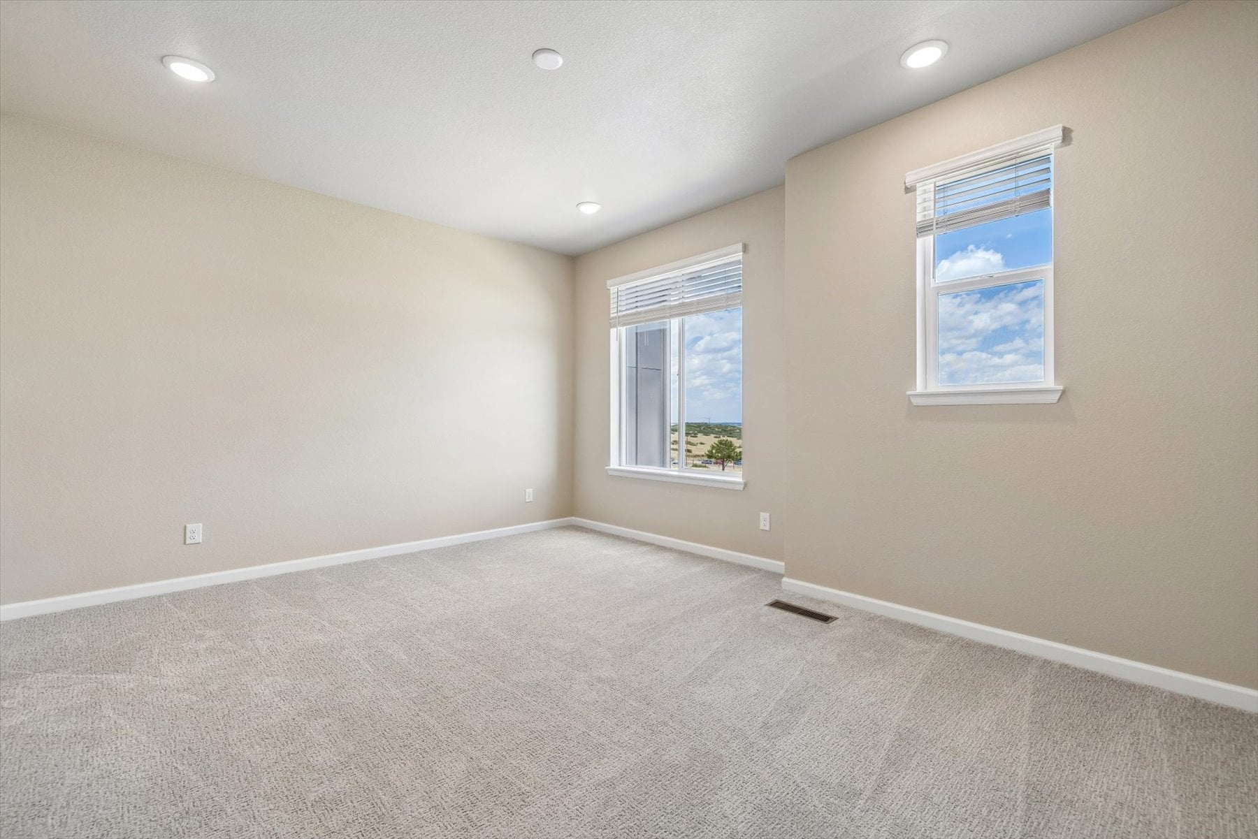 A room with a carpet and windows.