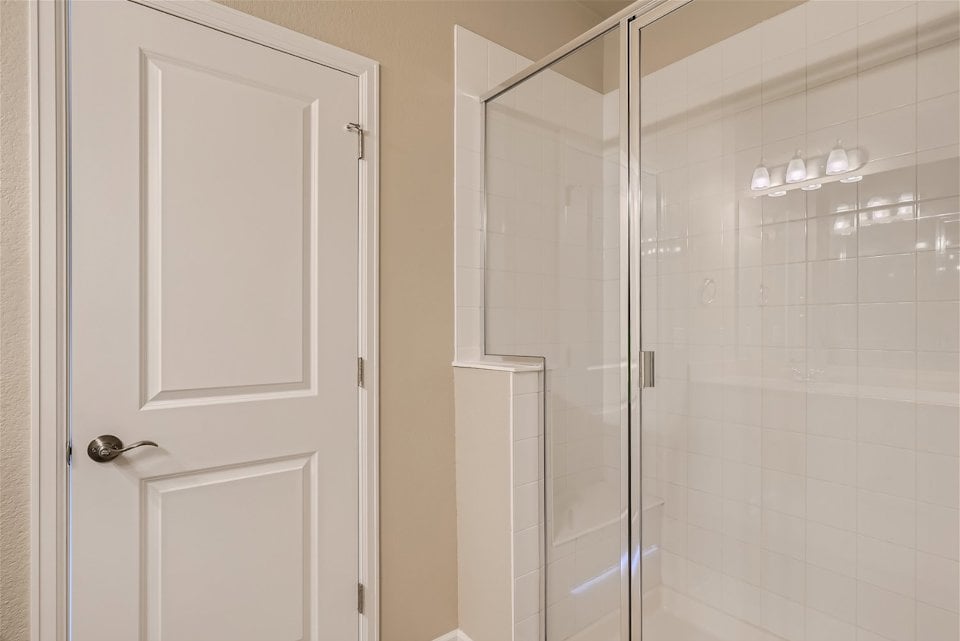 A shower unit and a door.