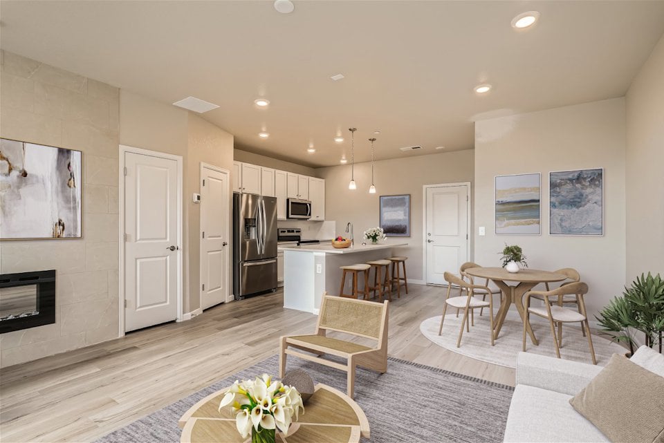 A kitchen and dining room.