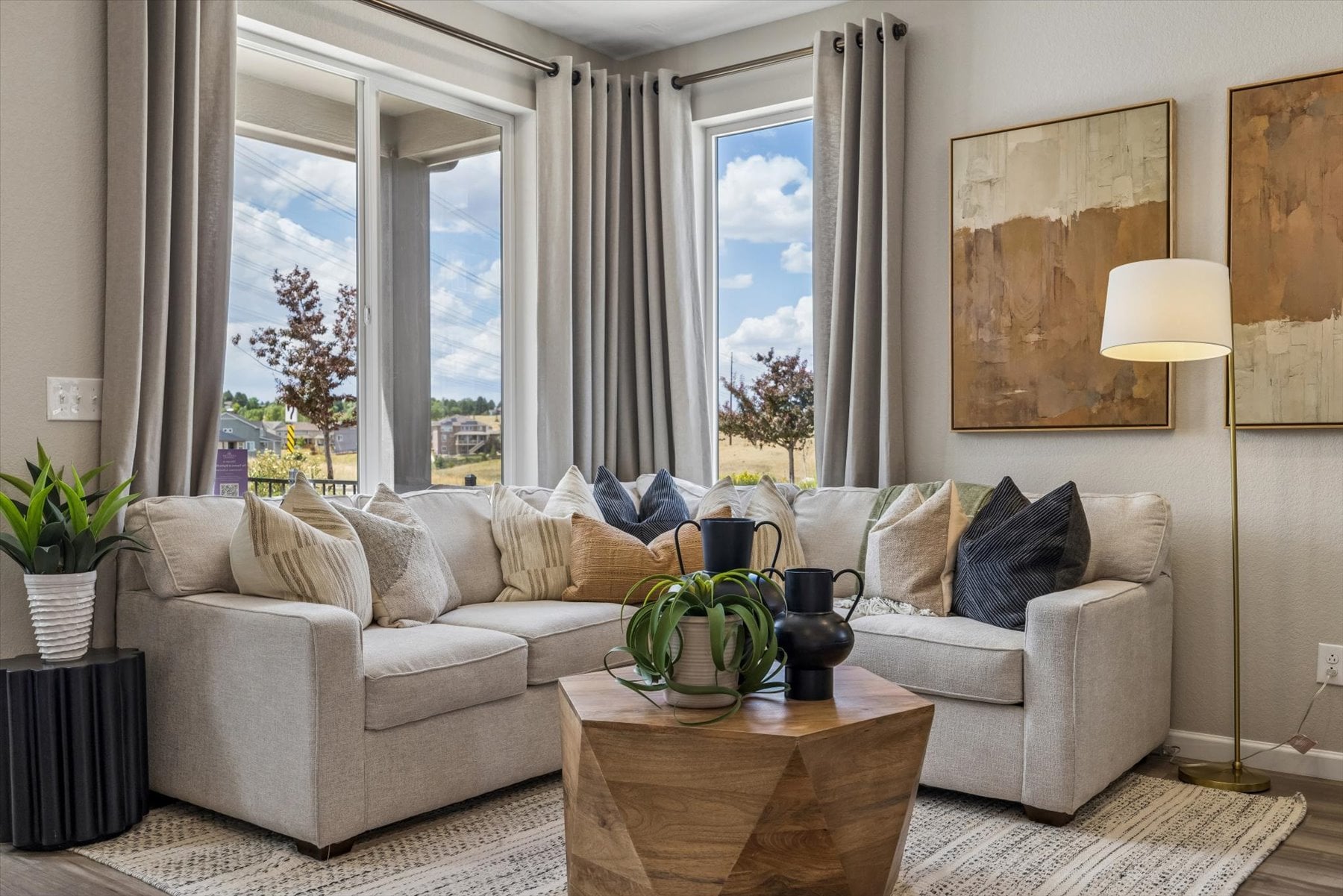 A living room with a couch and a coffee table.