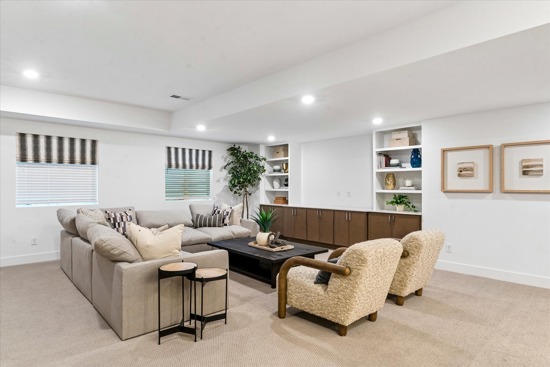 A living room with a couch and a coffee table.