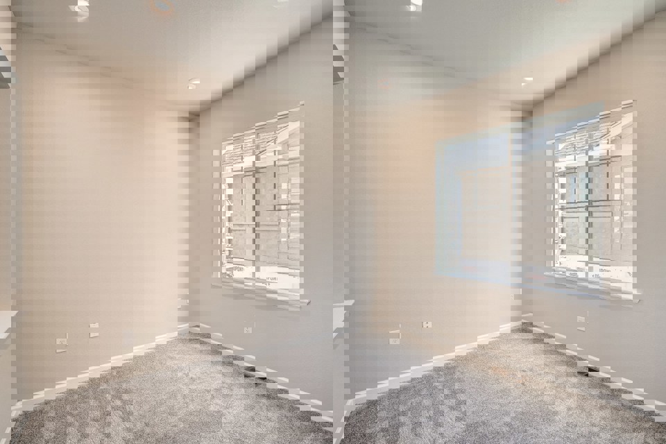 A room with a window and a carpet.