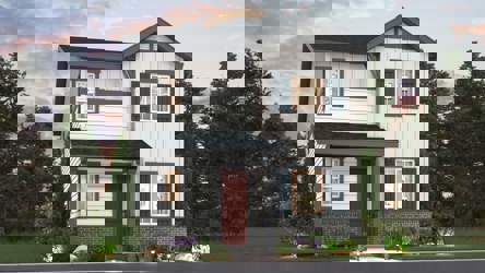 A house with trees around it.