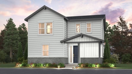 A house with trees around it. Ashton Floorplan home rendering with landscaping Elevation A 