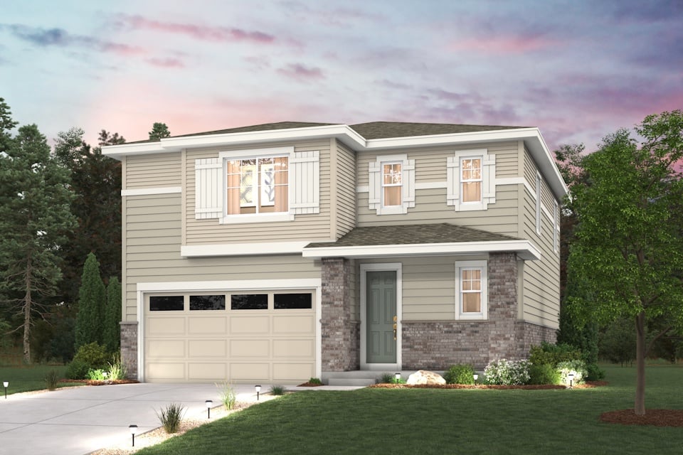 A house with a garage and trees.