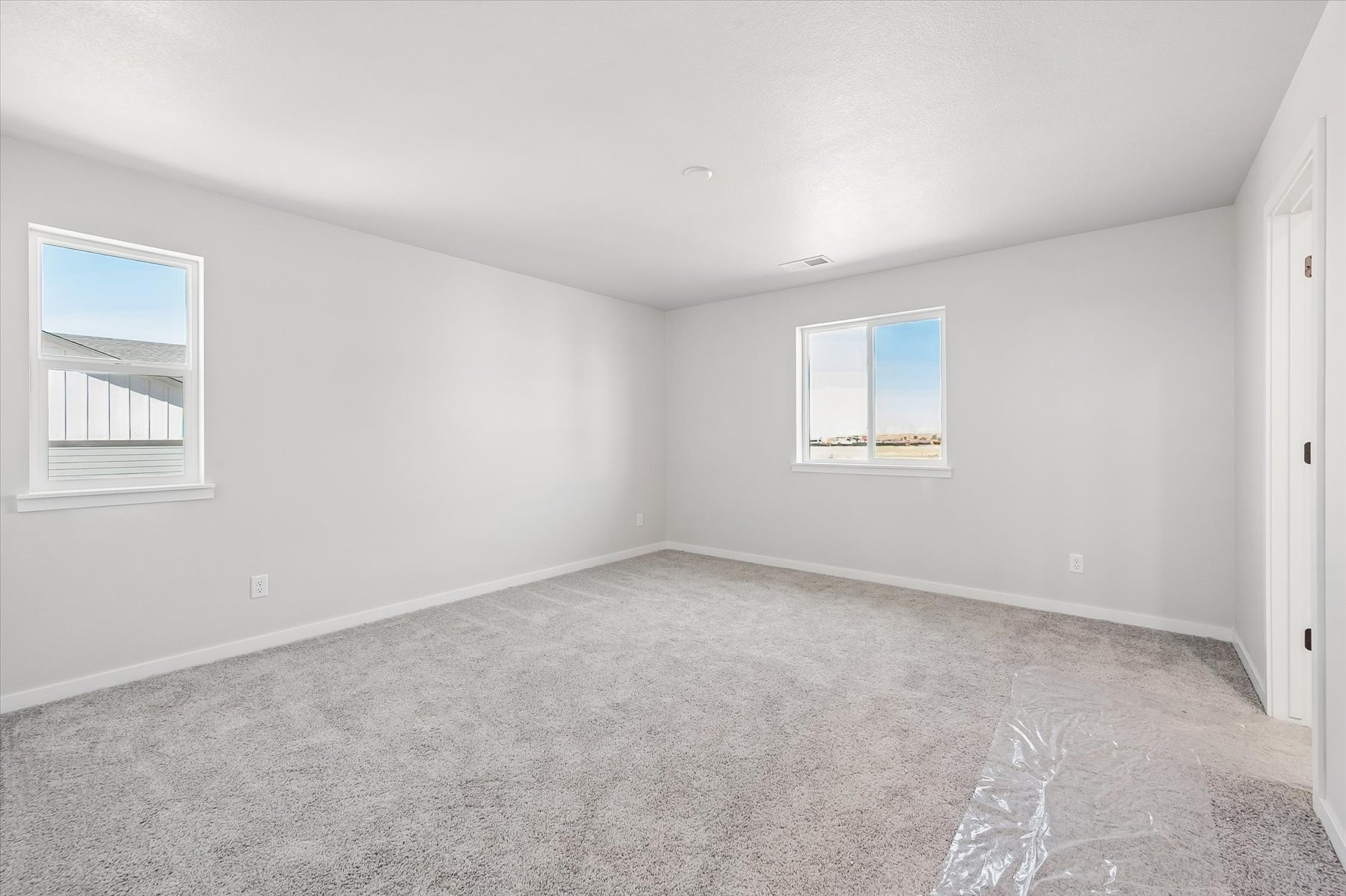 A room with a carpet and windows.