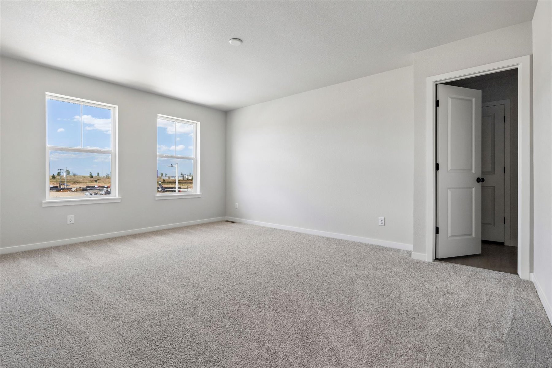 A room with a carpet and windows.
