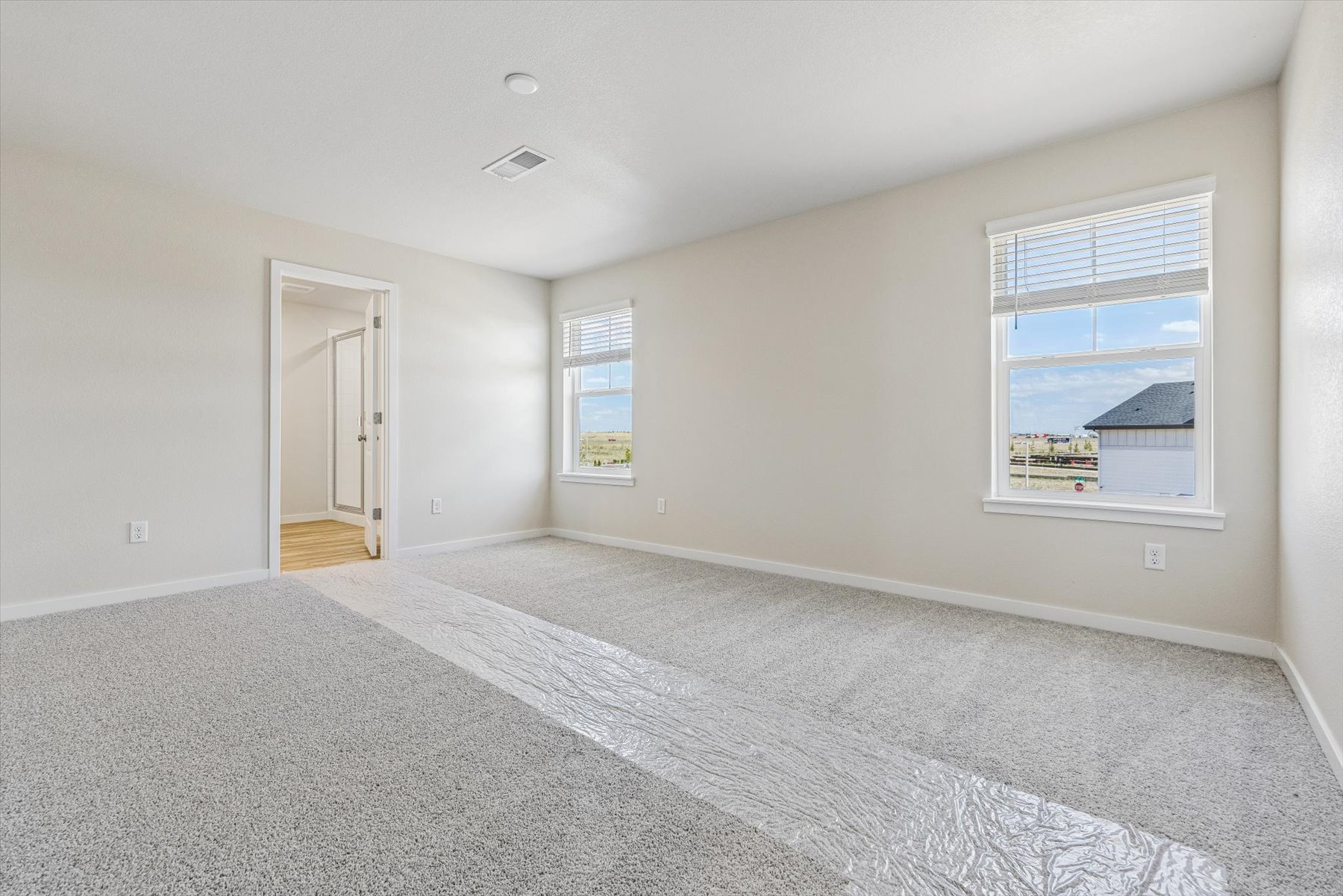 A room with a carpet and windows.