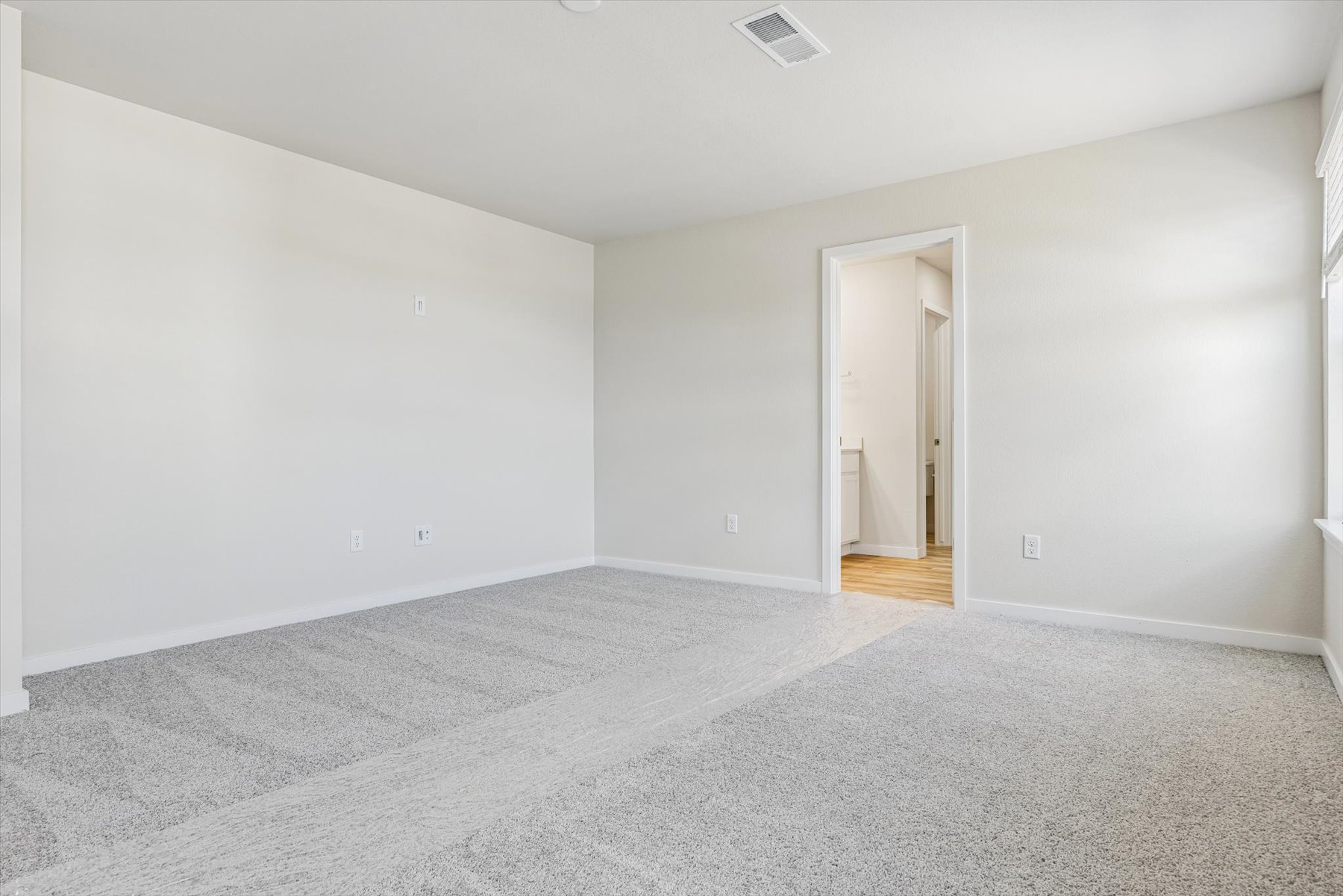 A room with a carpet and a door.
