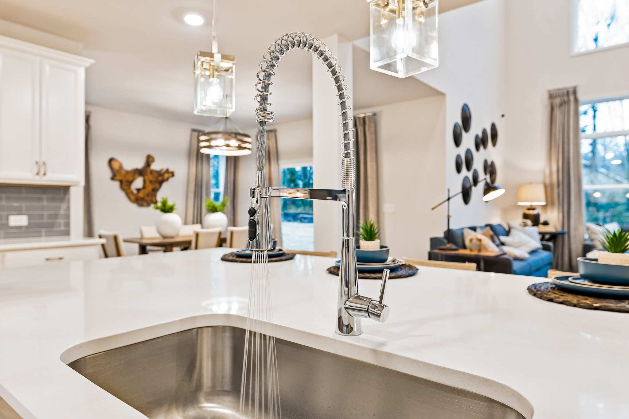 A large kitchen with a large glass shower.