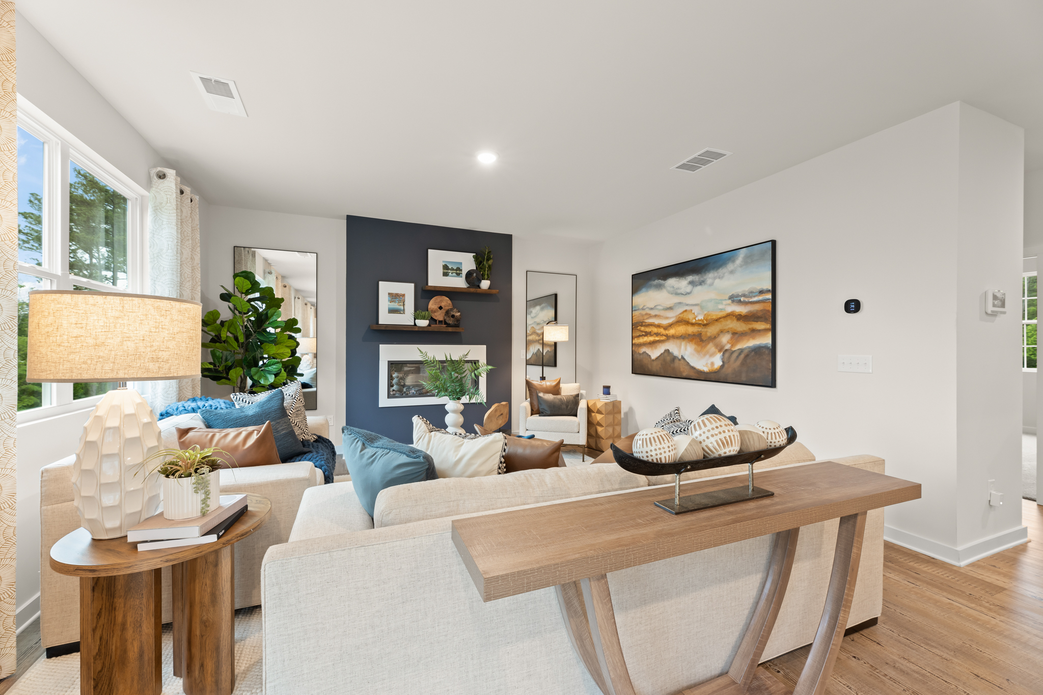A living room with a couch and a coffee table.