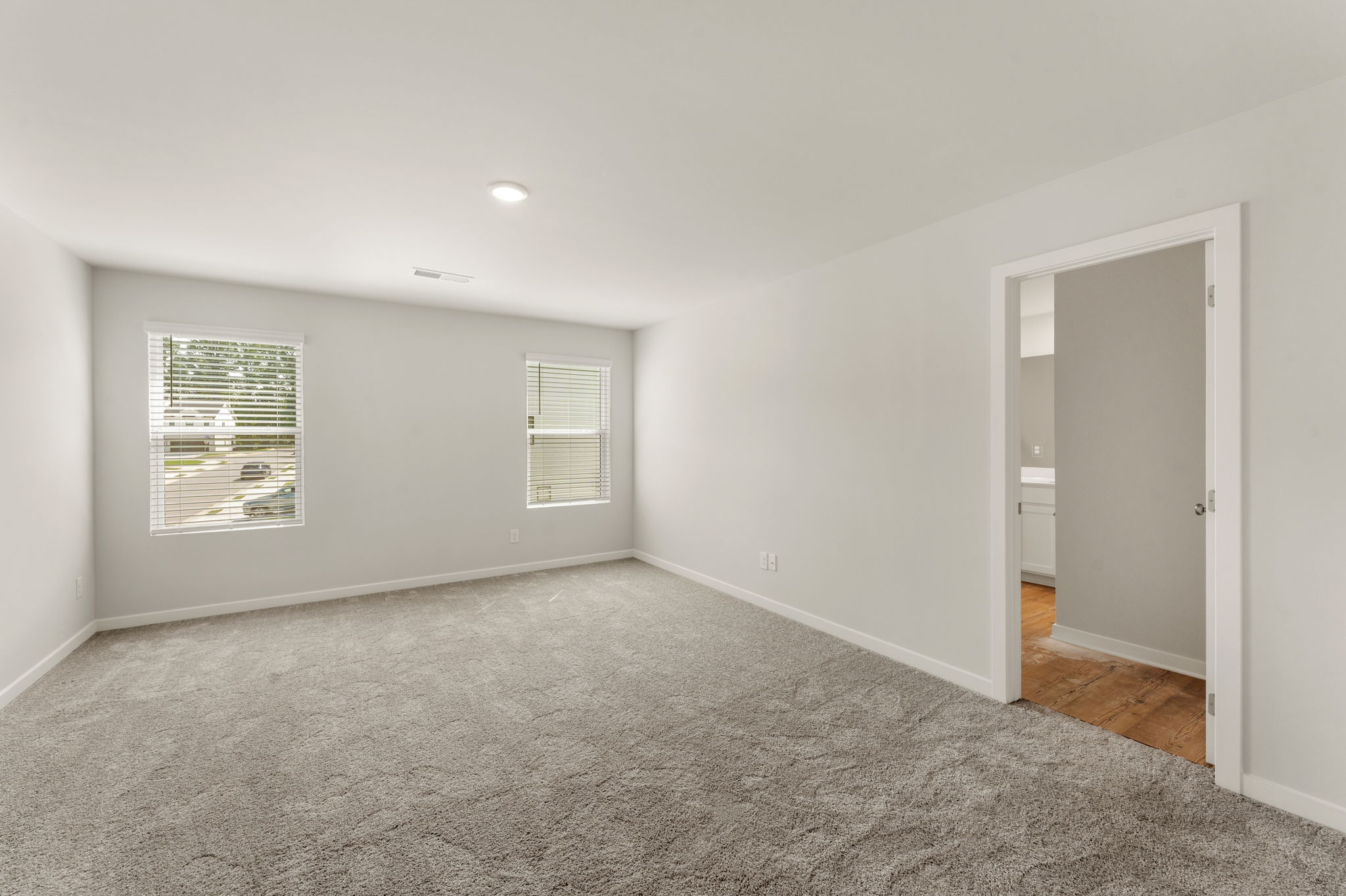 A room with a carpet and a door.
