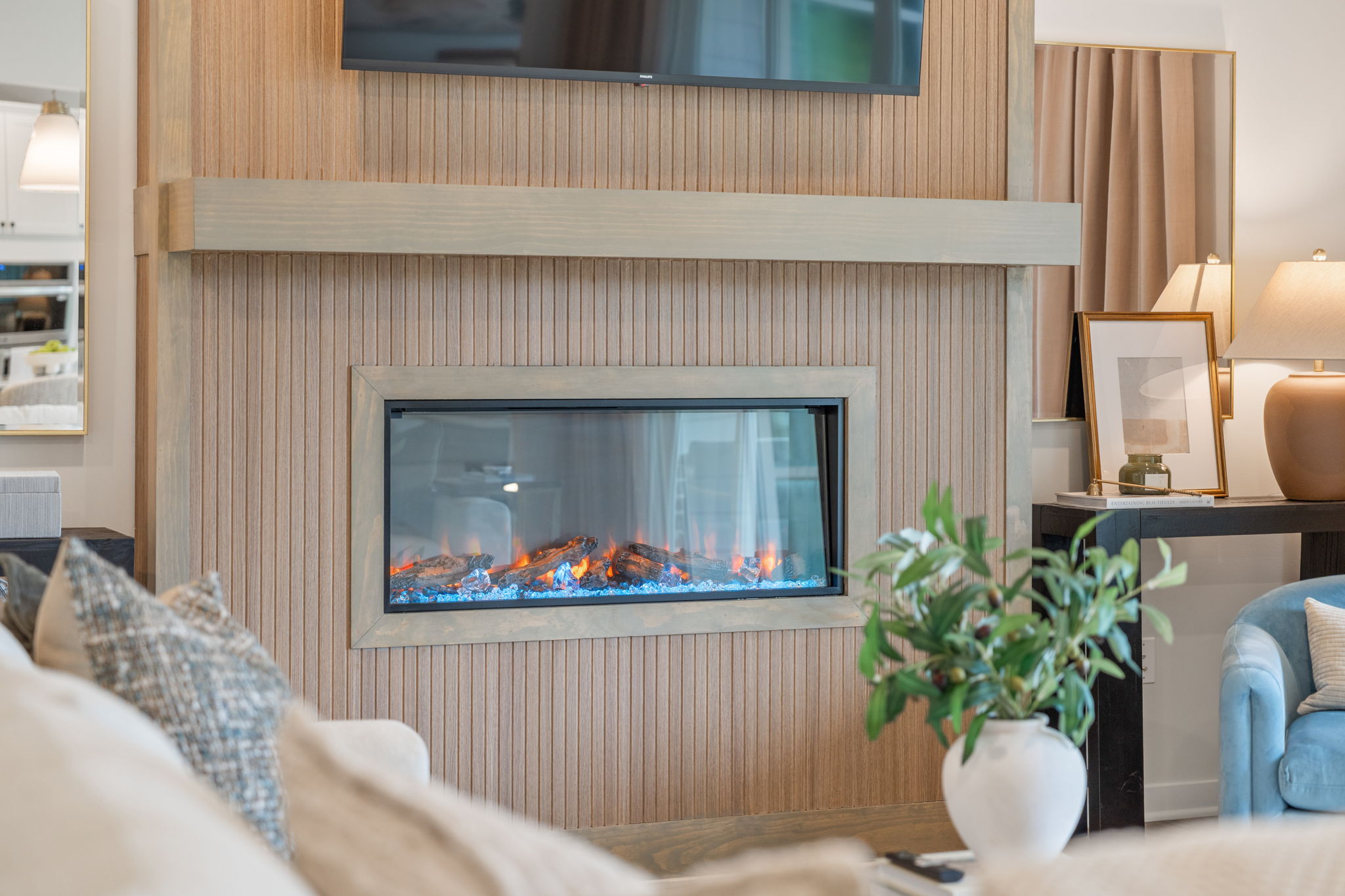 A fireplace in a room.