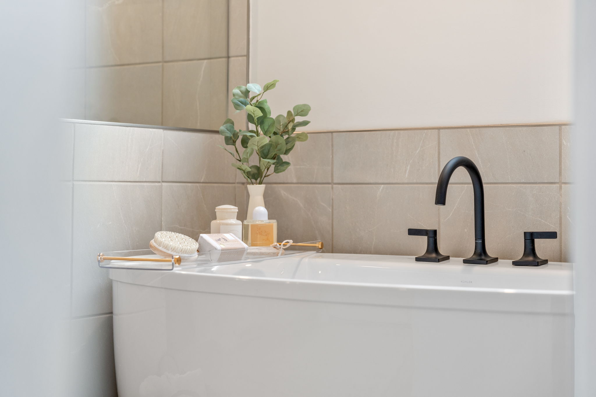 A bathroom with a sink and a plant.