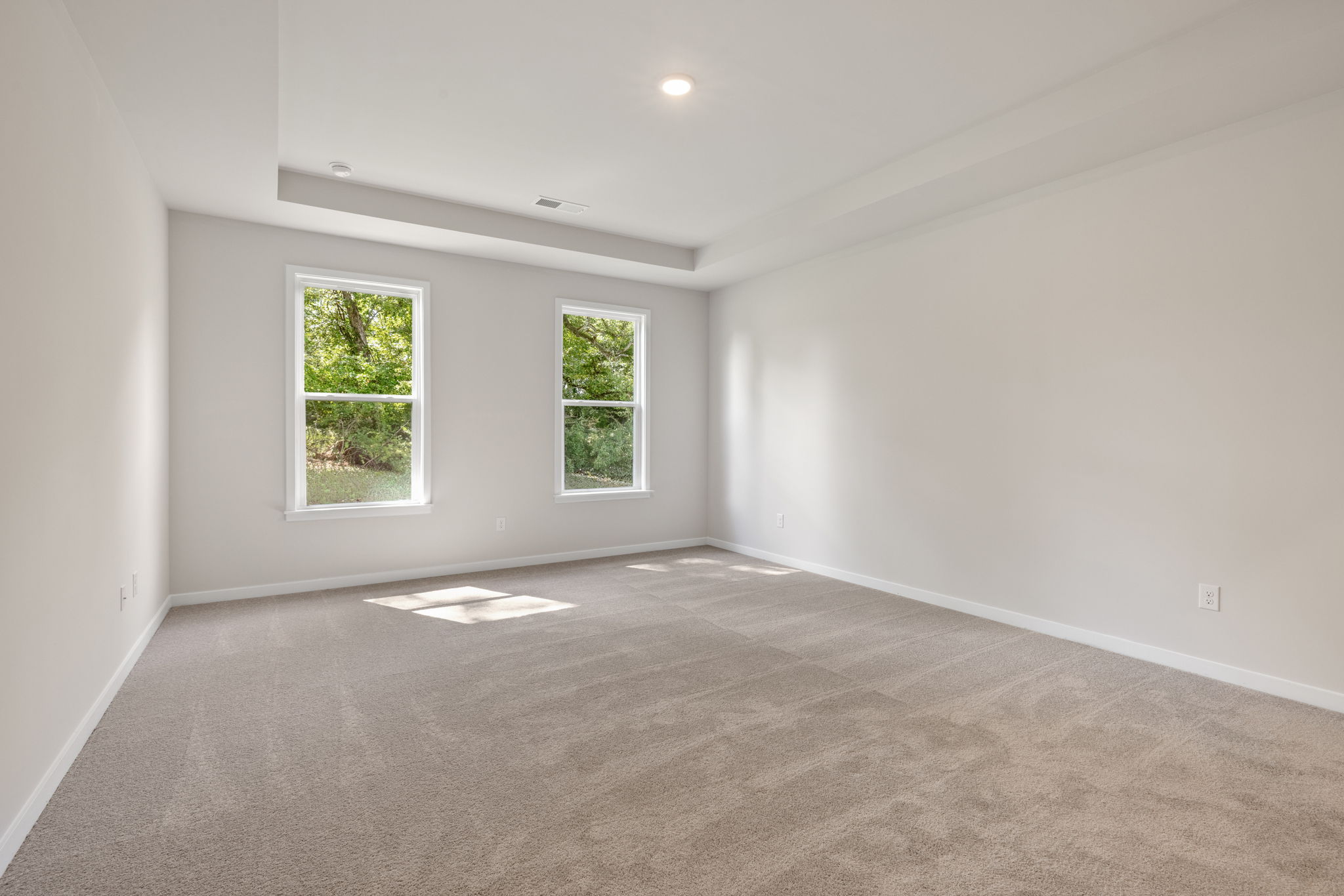A room with a carpet and windows.