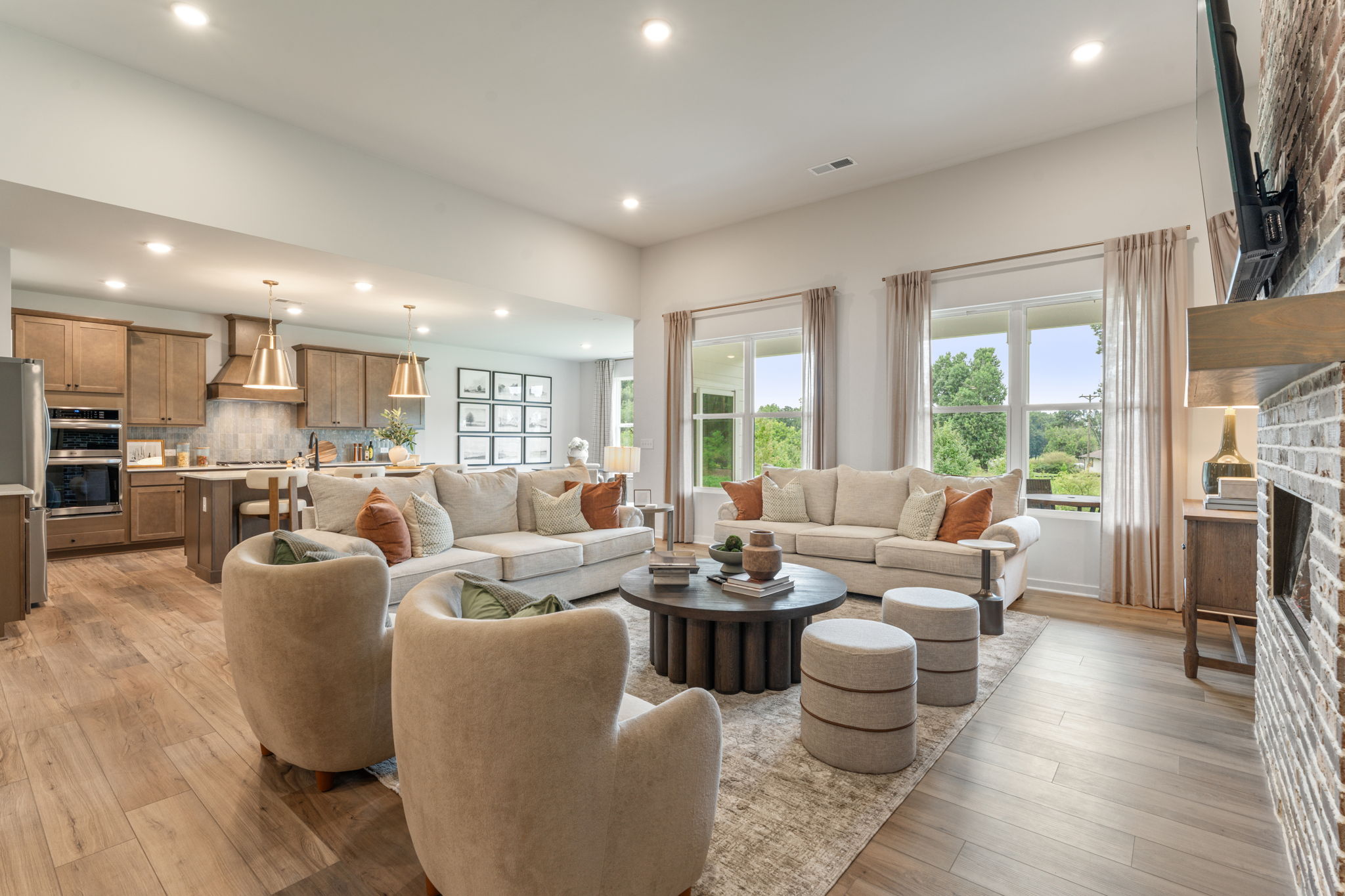 A living room with a large window.