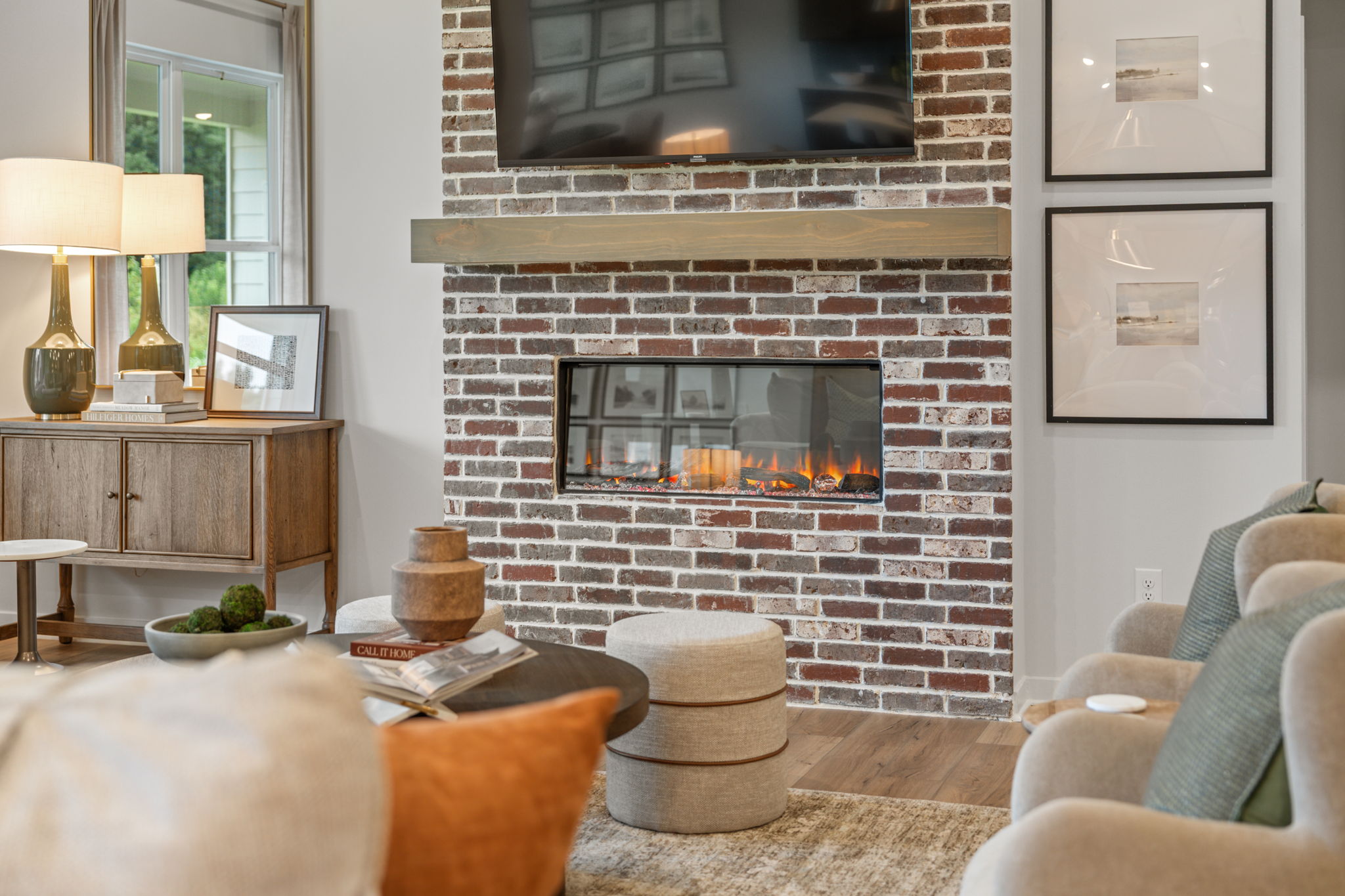 A fireplace in a living room.