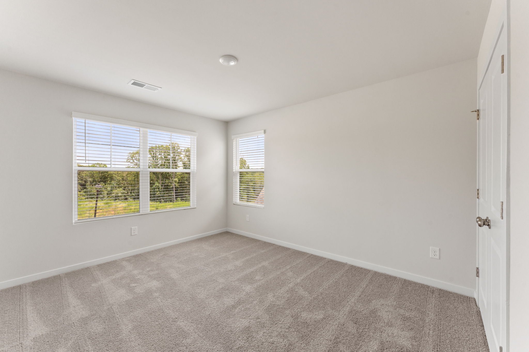 A room with a carpet and windows.