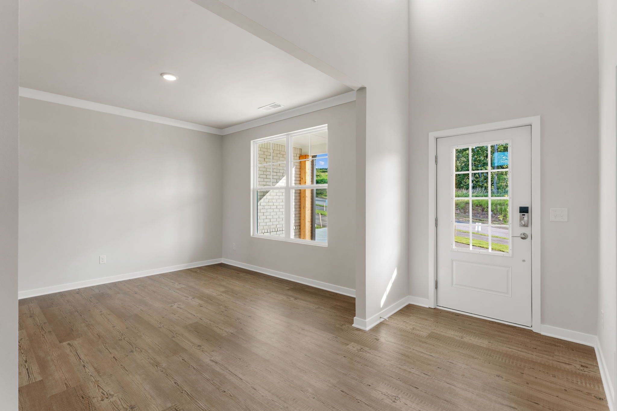 A room with a wood floor and a white door.