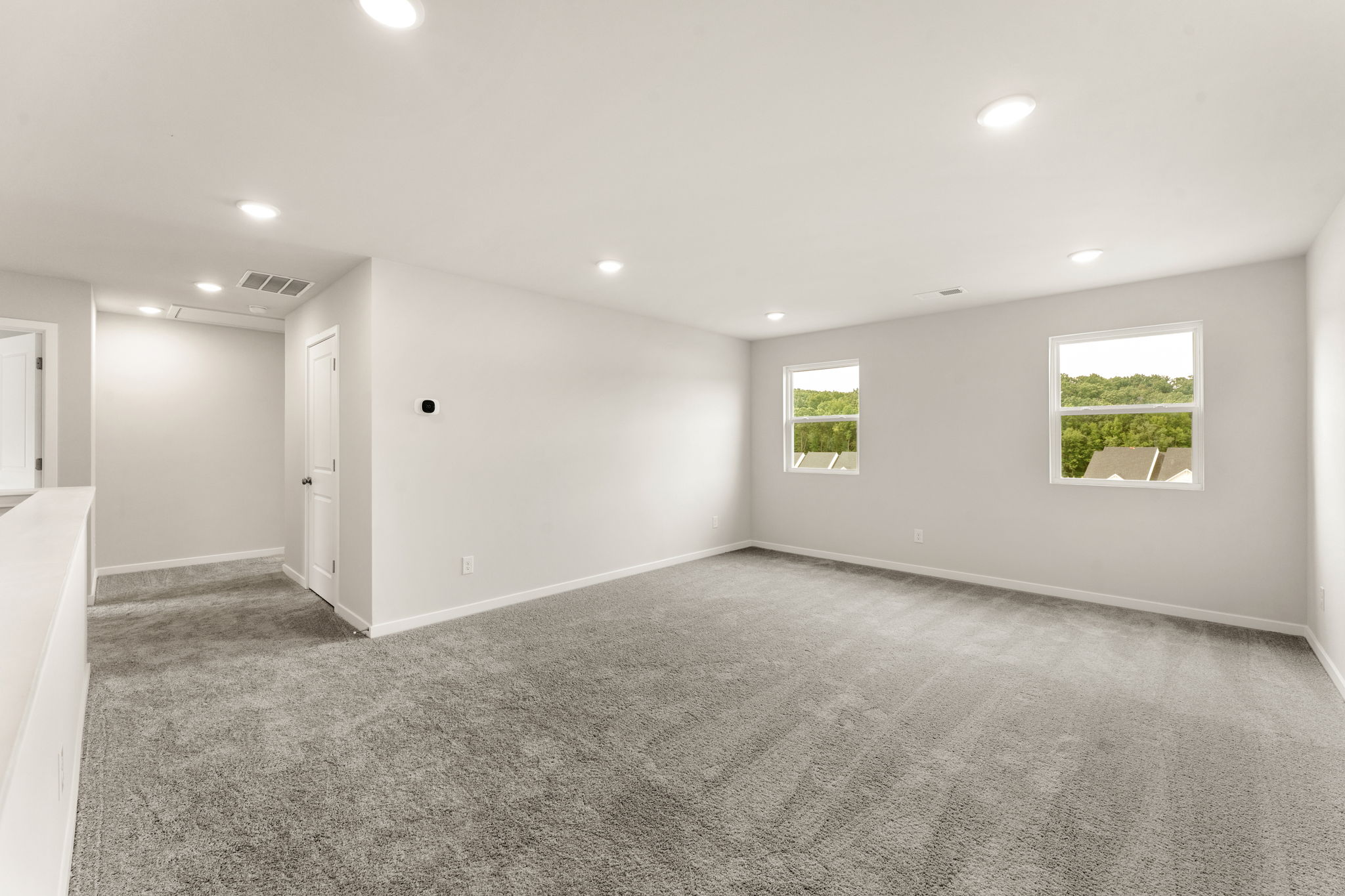 A room with a carpet and windows.