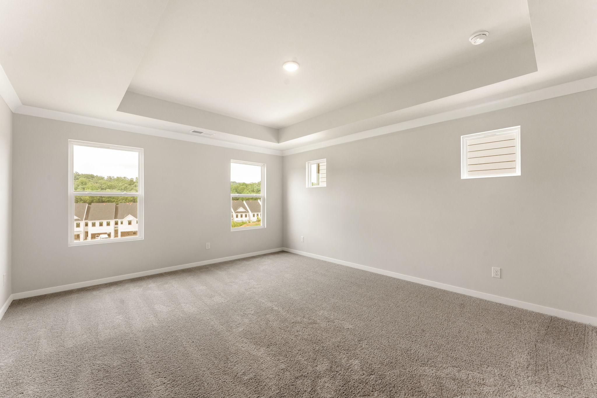 A room with a carpet and windows.