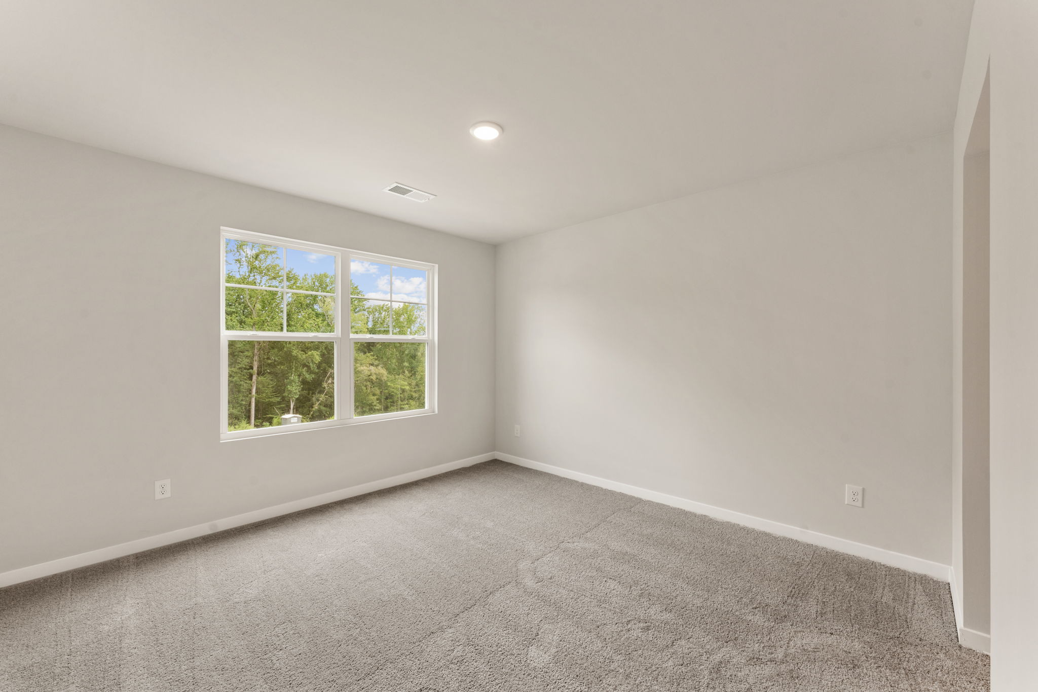 A room with a window and a carpet.