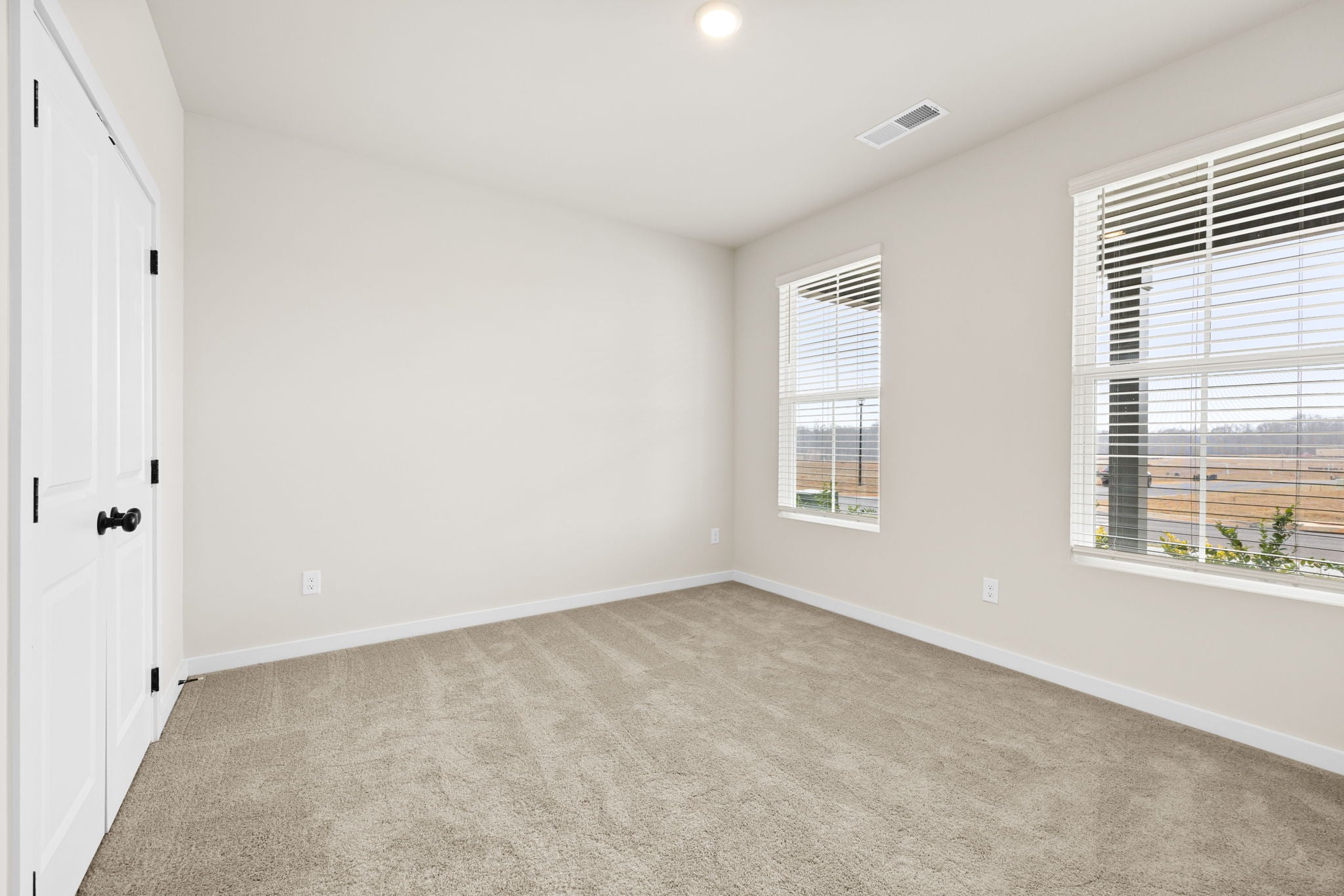 A room with a carpet and windows.