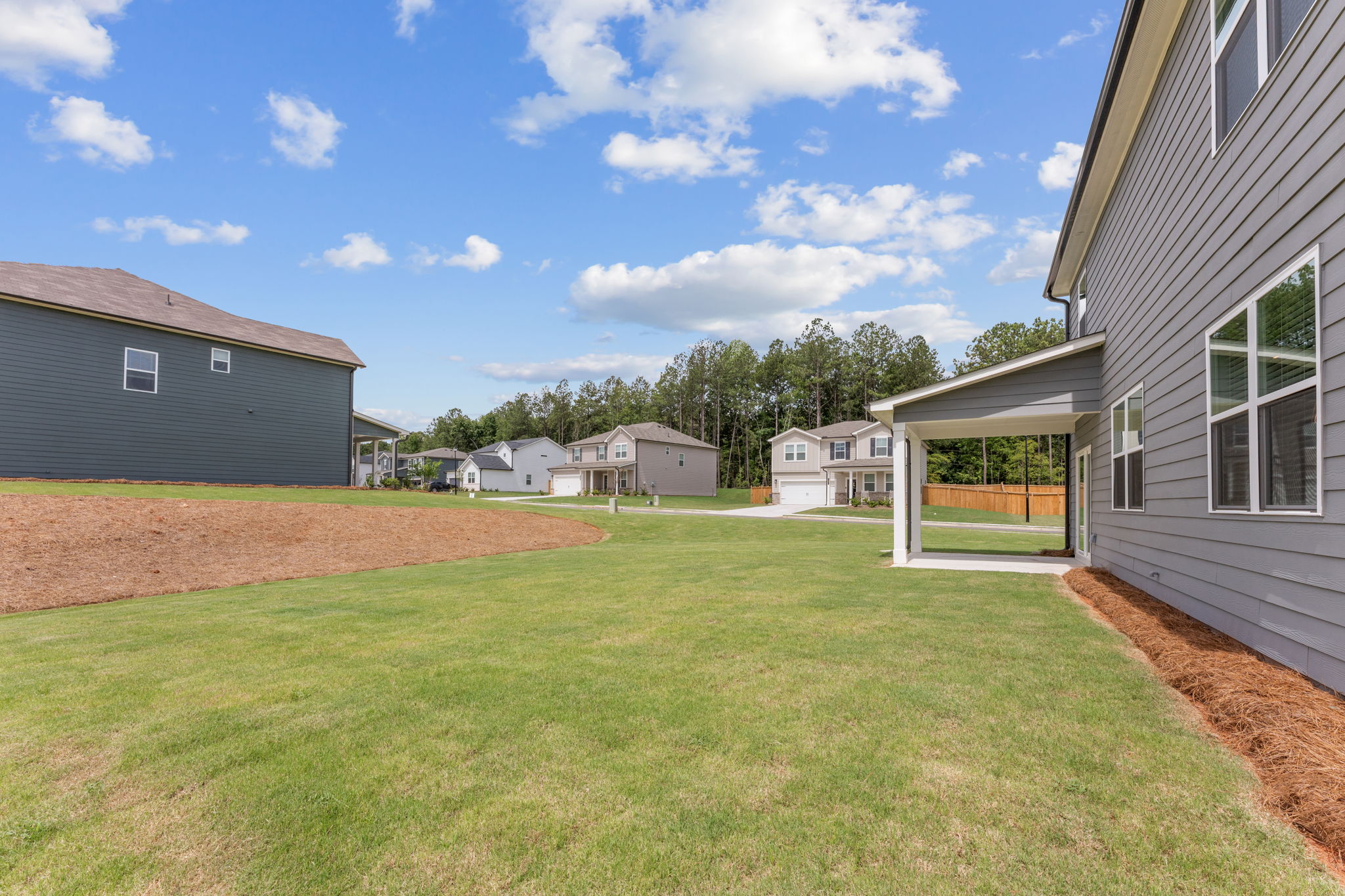 A grassy yard with houses and trees.
