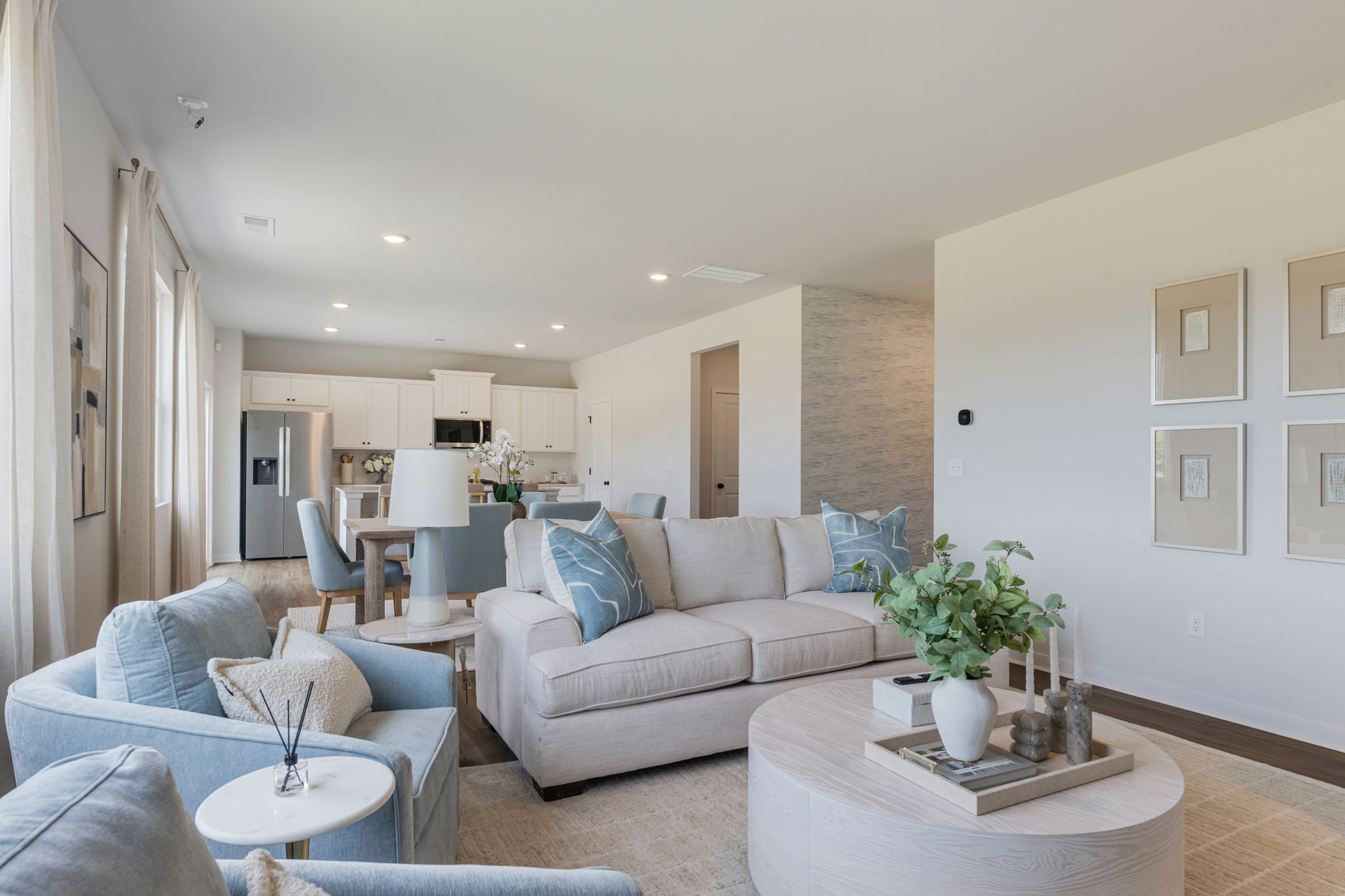 A living room with a couch and a coffee table.