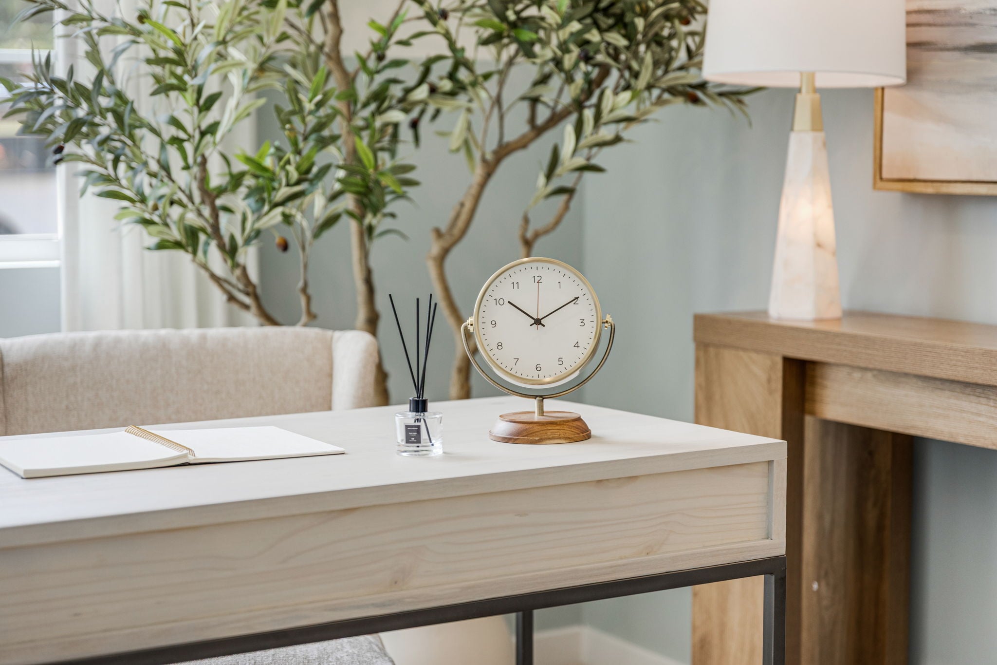 A clock on a table.