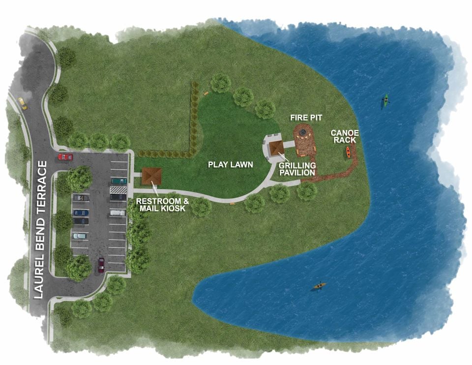 Color amenity map with mail kiosk, play area, grilling pavilion, canoe rack and fire pit