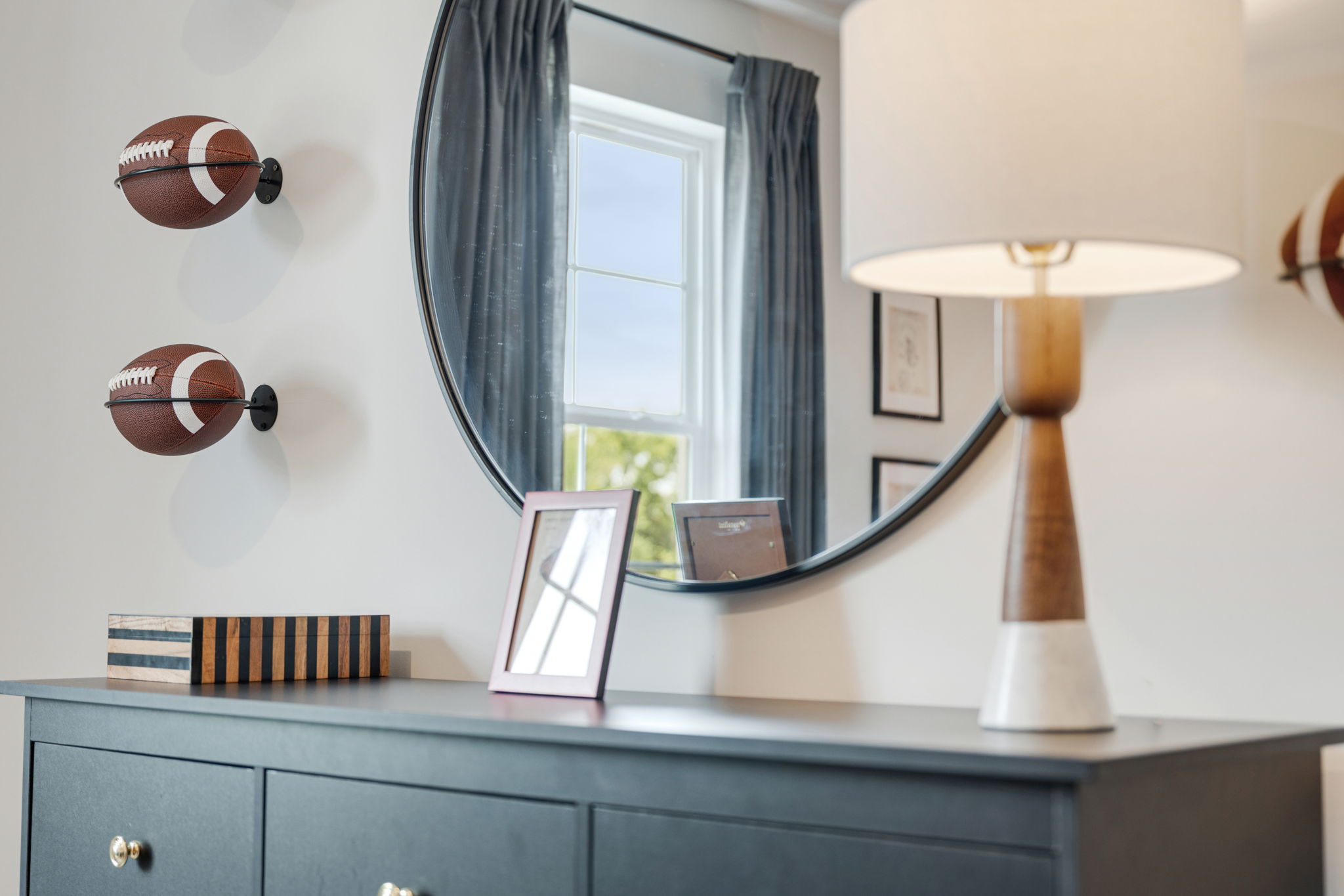 A mirror on a counter.