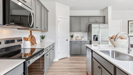 A kitchen with white cabinets.