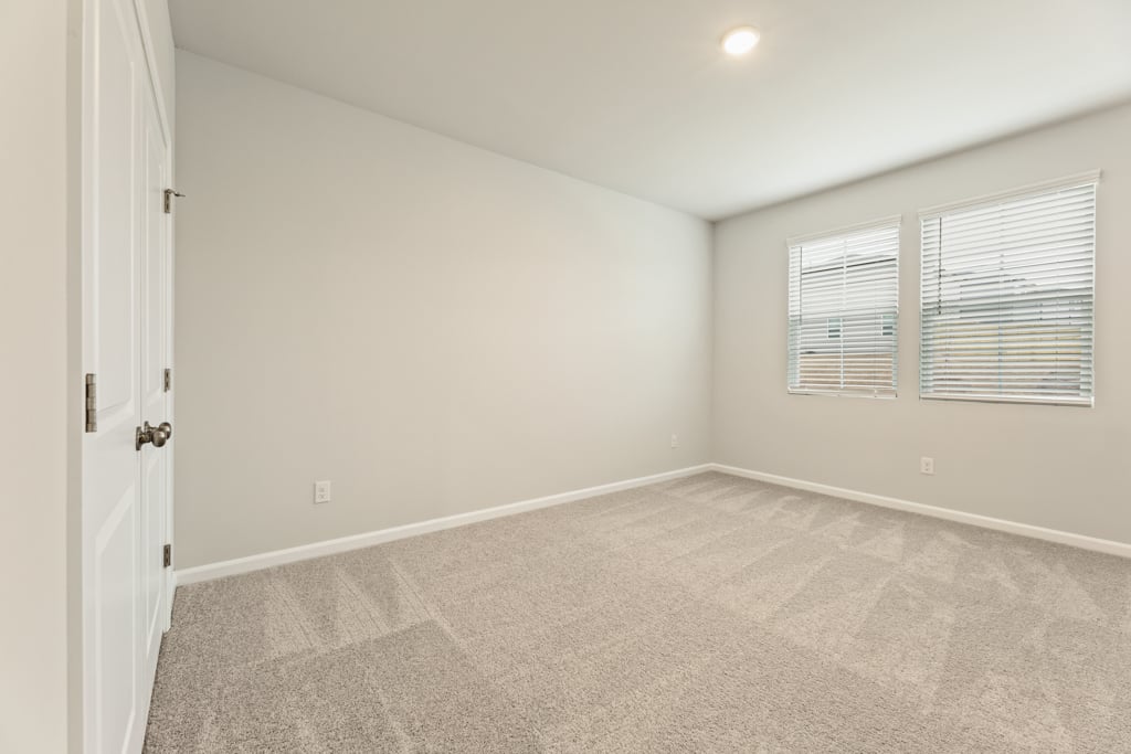 A room with a carpet and windows.
