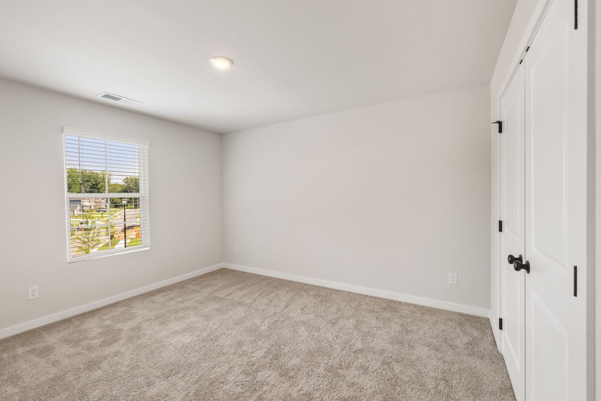 A room with a carpet and a window.