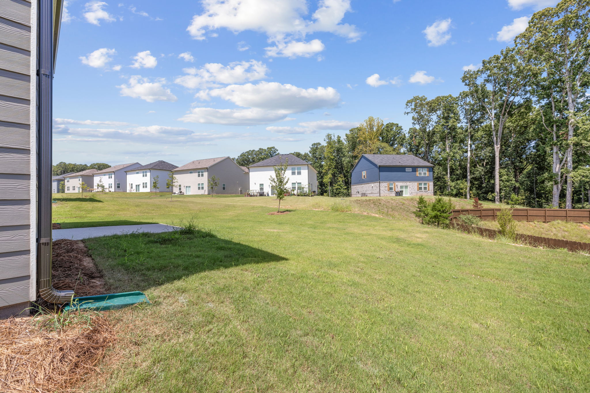 A yard with houses in the background.
