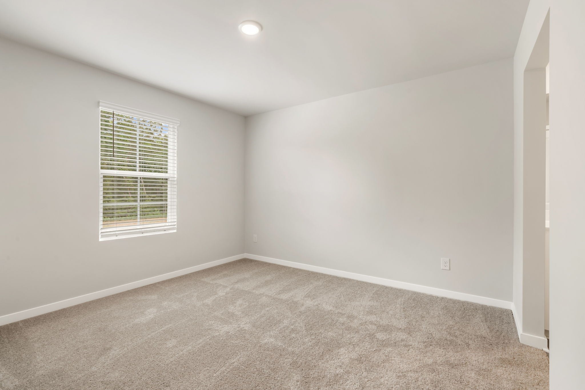 A room with a window and carpet.