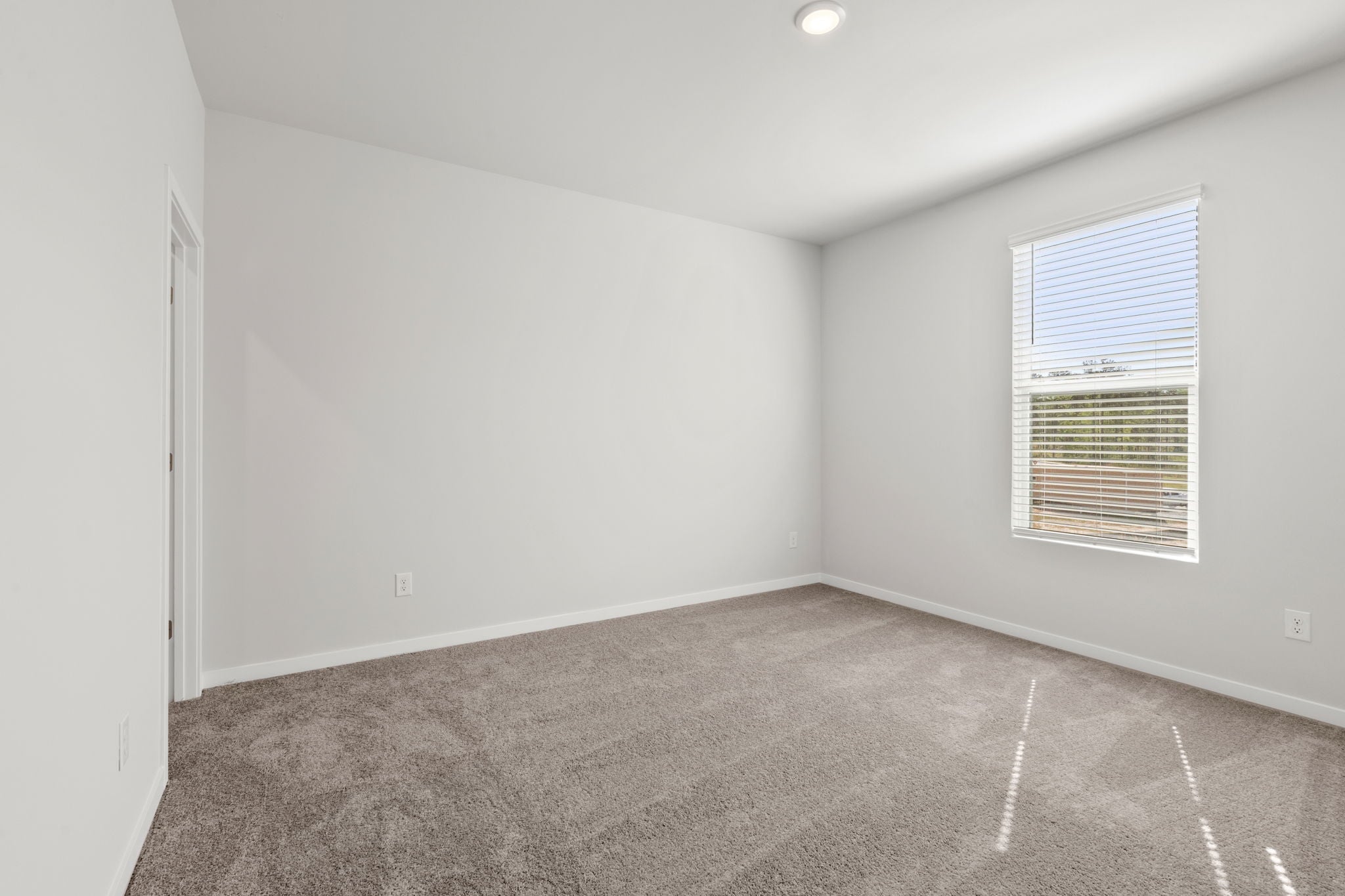 A room with a carpet and a window.