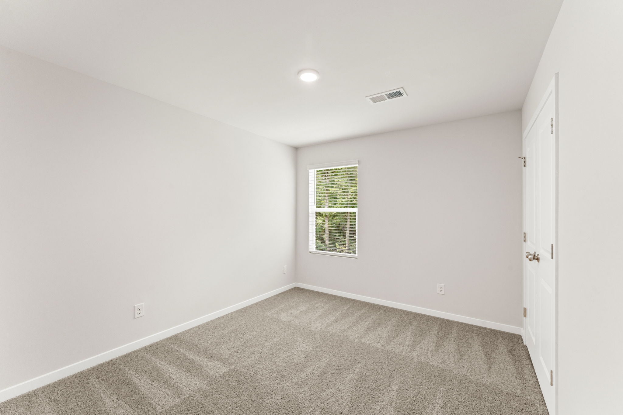 A room with a carpet and a window.