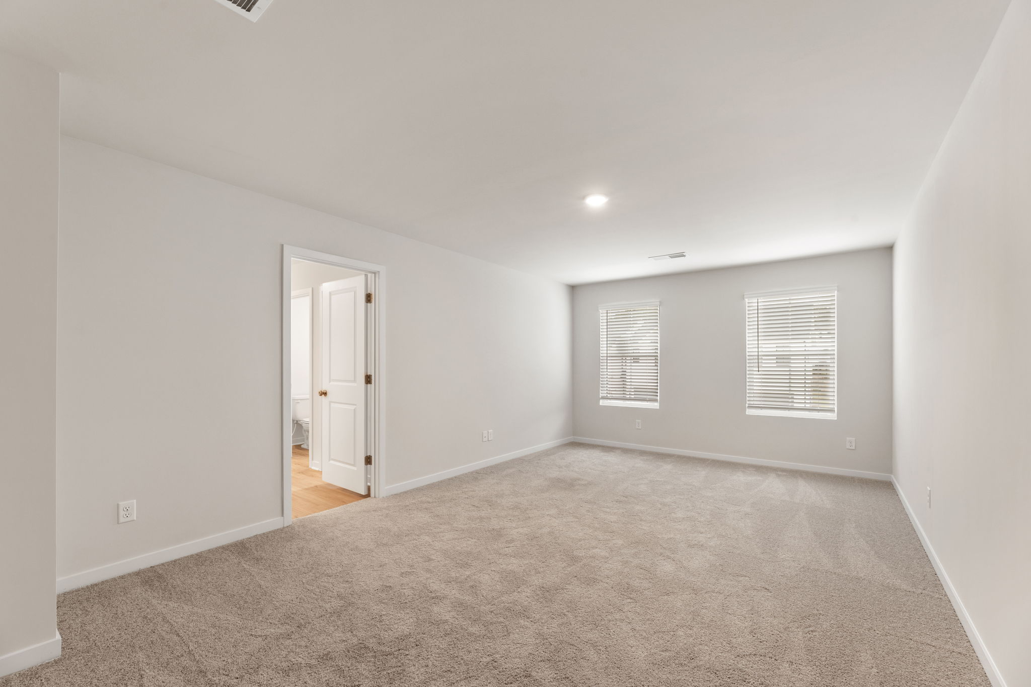 A room with a carpet and a door.